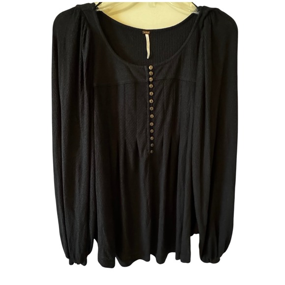 Free People Tops - Free People Black Ribbed Knit Henley Puff Sleeve Peasant Top Small